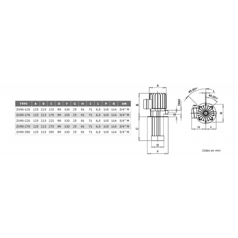 Pompes centrifuge roue ouverte H170mm basse pression 380V - 0.28Kw